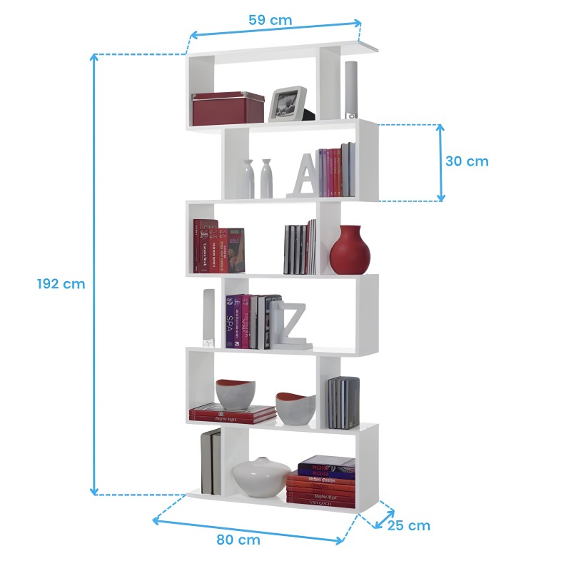 Estantería blanca escalonada con seis niveles para libros y objetos decorativos