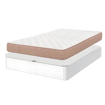 Cama con base blanca y colchón de espuma blanca y núcleo viscoelástico beige con acolchado diagonal