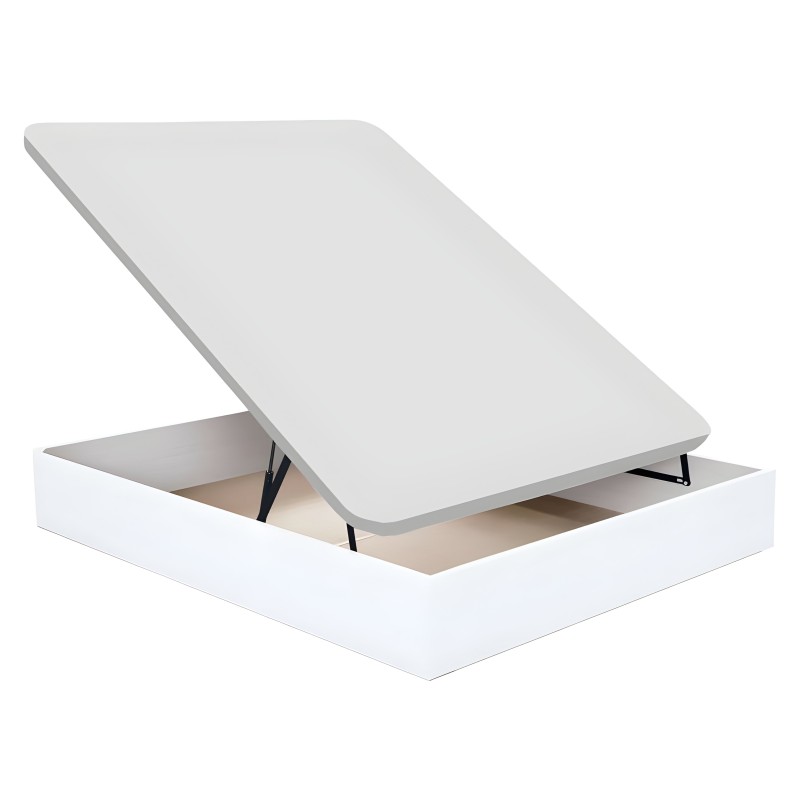 Canapé abatible blanco con tapa elevada y base de almacenamiento interior visible