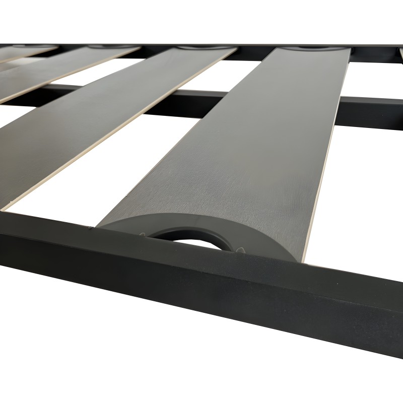 Somier de láminas de madera gris y negro con estructura metálica reforzada y asas laterales