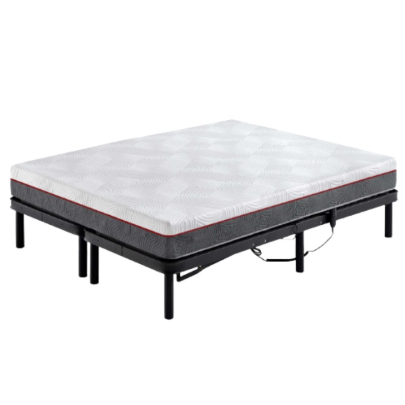 Cama articulada con colchón viscoelástico blanco y gris con franja roja y base negra ajustable
