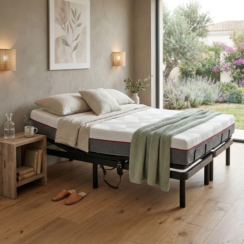 Cama articulada con colchón viscoelástico blanco y gris con detalles rojos en ambiente de dormitorio luminoso