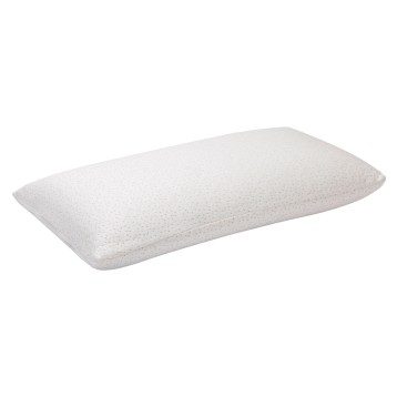 Almohada rectangular beige con textura punteada y forma ergonómica vista de perfil