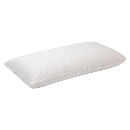 Almohada rectangular beige con textura punteada y forma ergonómica vista de perfil