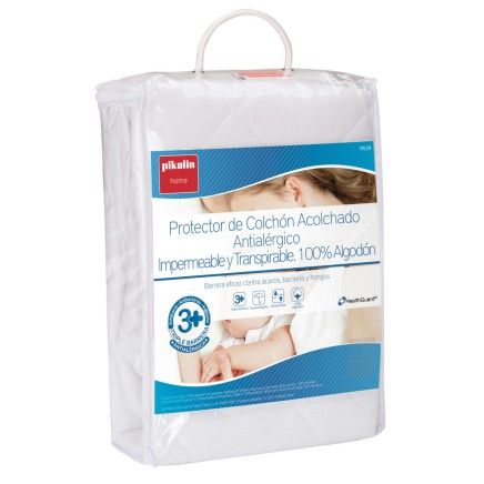 Protector de colchón acolchado blanco antiálérgico impermeable y transpirable con asa de transporte