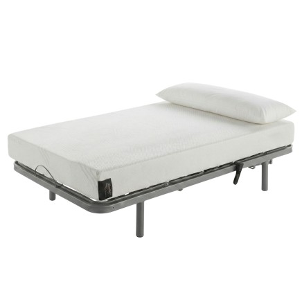 Cama individual eléctrica con colchón viscoelástico blanco y base metálica gris ajustable con almohada incluida