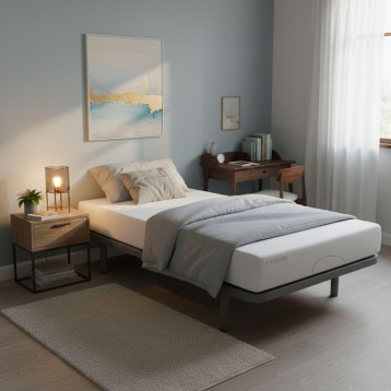 Cama matrimonial con colchón blanco y estructura metálica gris en dormitorio con mesita de noche madera y escritorio