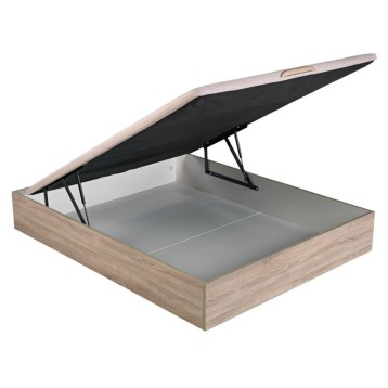 Cama con somier abatible de madera clara y tapizado beige con interior gris y mecanismo de gas