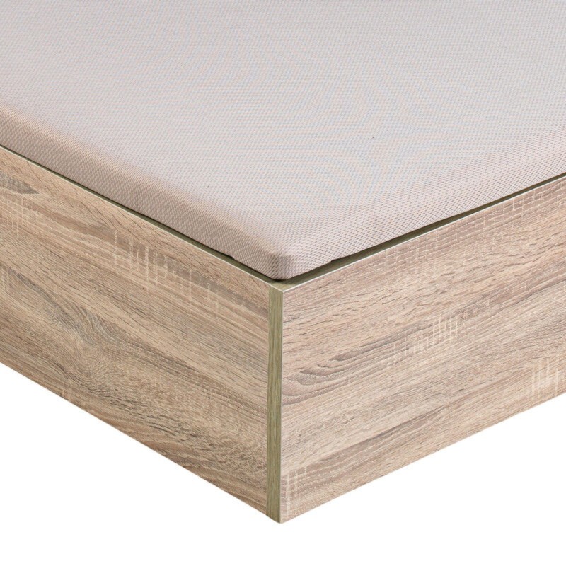 Colchón gris claro con estructura de madera clara y detalle de esquina frontal