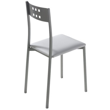 Silla de comedor con respaldo perforado gris y asiento tapizado blanco vista frontal