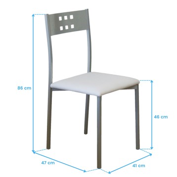 Silla de comedor con respaldo gris y asiento tapizado blanco y perforaciones decorativas en el respaldo