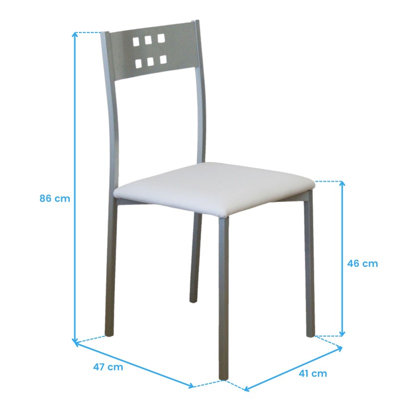 Silla de comedor con respaldo gris y asiento tapizado blanco y perforaciones decorativas en el respaldo
