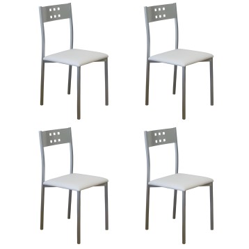 Juego de cuatro sillas de metal gris con asiento tapizado blanco y respaldo perforado