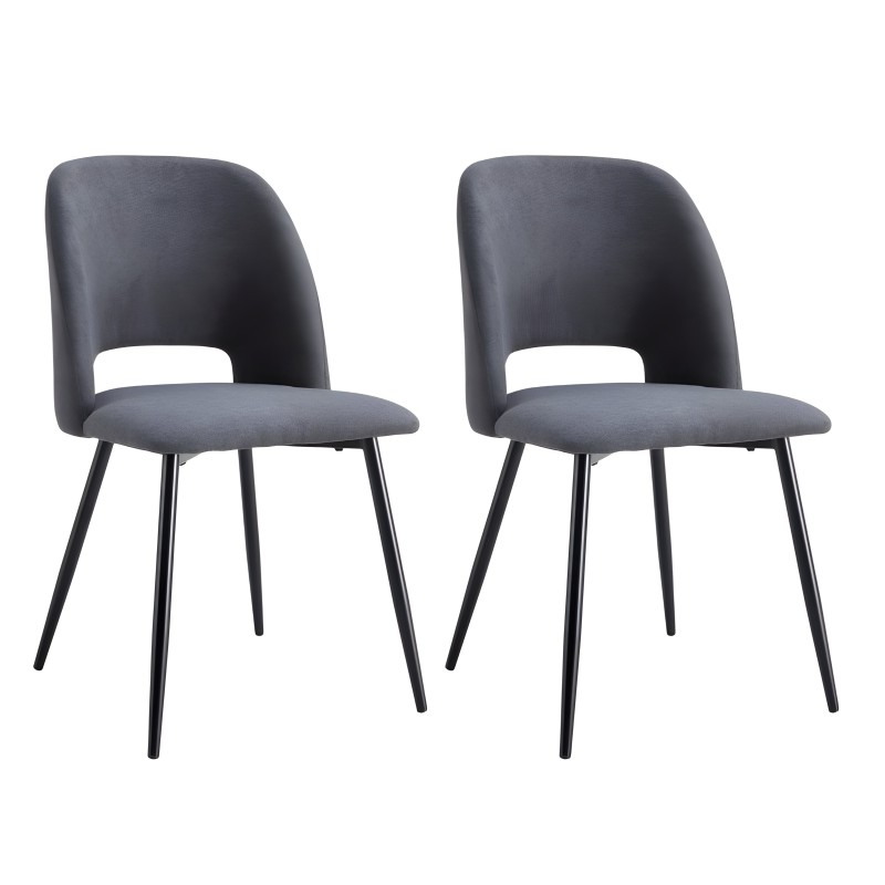 Par de sillas de comedor tapizadas en gris oscuro con respaldo redondeado y patas metálicas negras