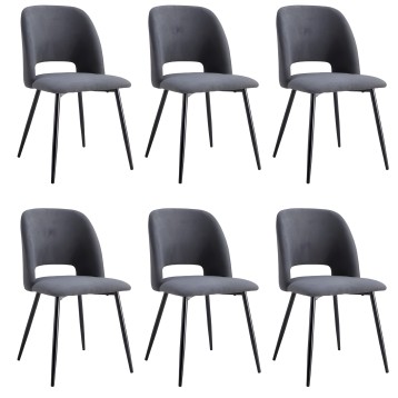 Juego de 6 sillas de comedor tapizadas en gris oscuro con respaldo redondeado y patas metálicas negras