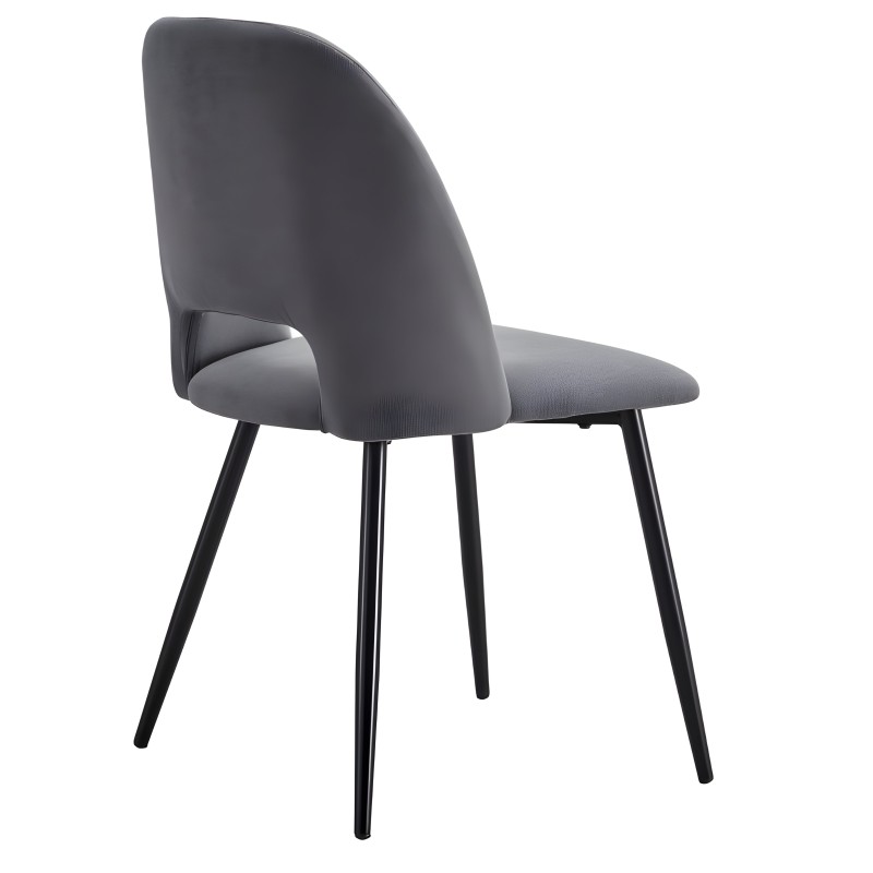 Silla de comedor tapizada en gris oscuro con respaldo curvo y patas metálicas negras