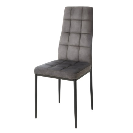 Silla de comedor tapizada en gris con respaldo acolchado y estructura metálica negra