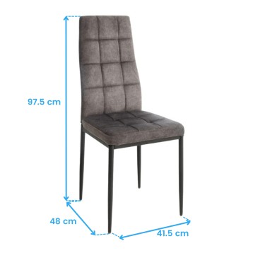 Silla tapizada gris oscuro con respaldo acolchado y patas metálicas negras vista frontal