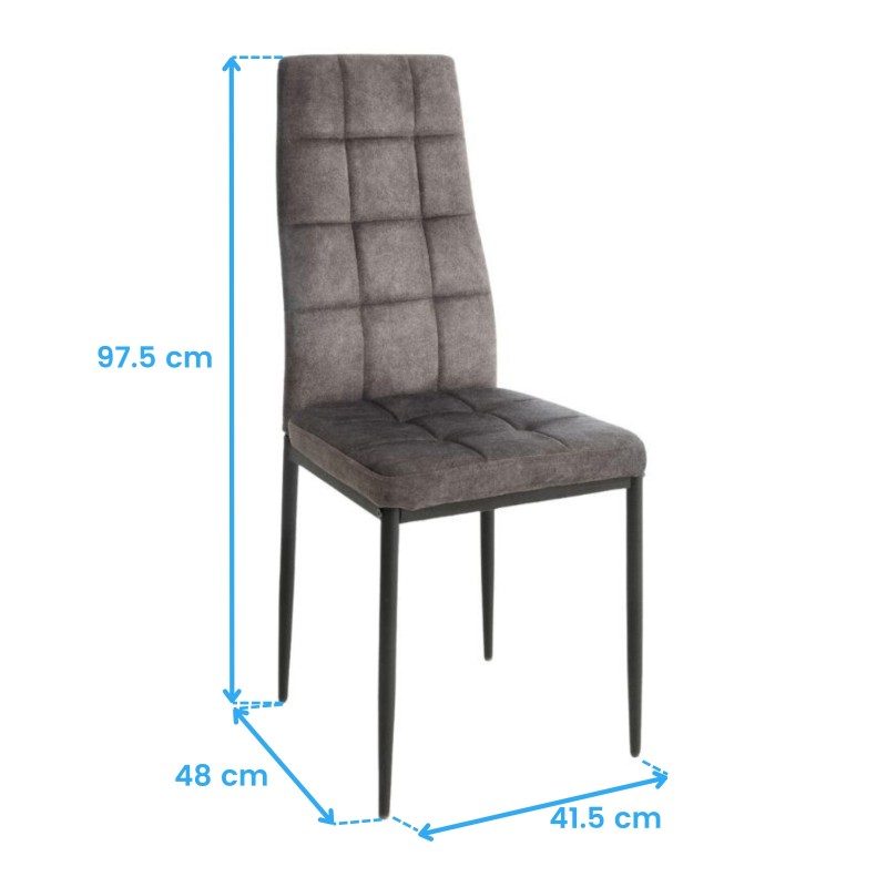 Silla tapizada gris oscuro con respaldo acolchado y patas metálicas negras vista frontal