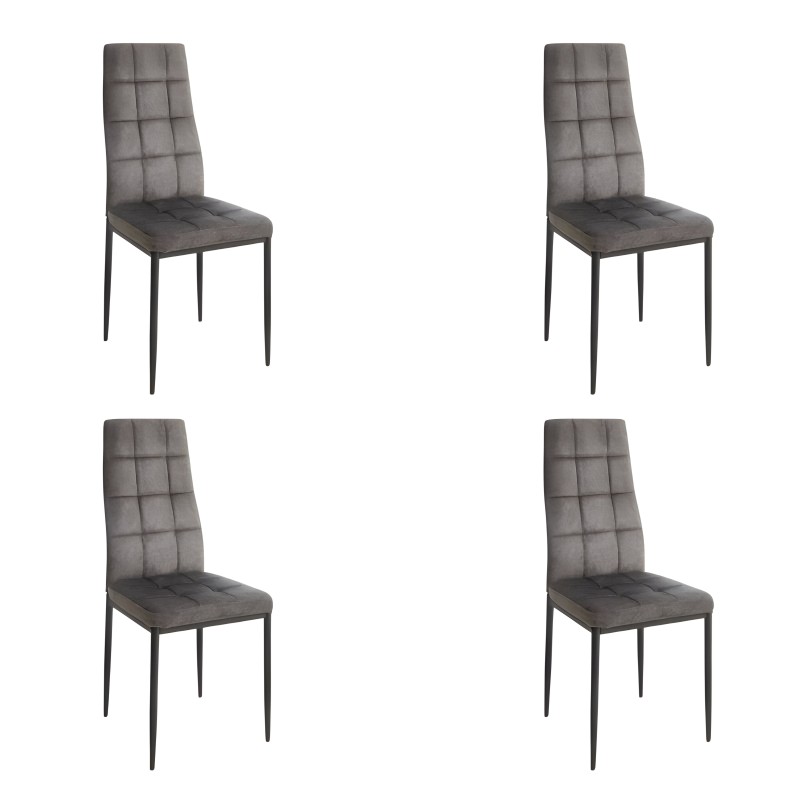 Silla de comedor tapizada en gris oscuro con respaldo acolchado y patas metálicas negras. Juego de cuatro unidades