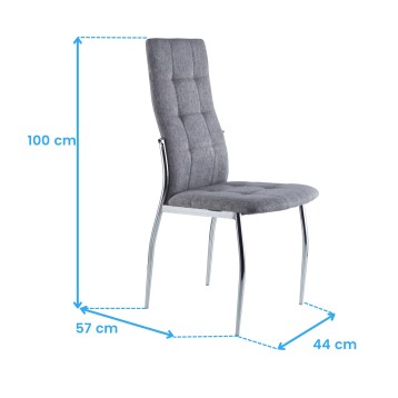 Silla de comedor tapizada en gris con respaldo acolchado y estructura metálica cromada