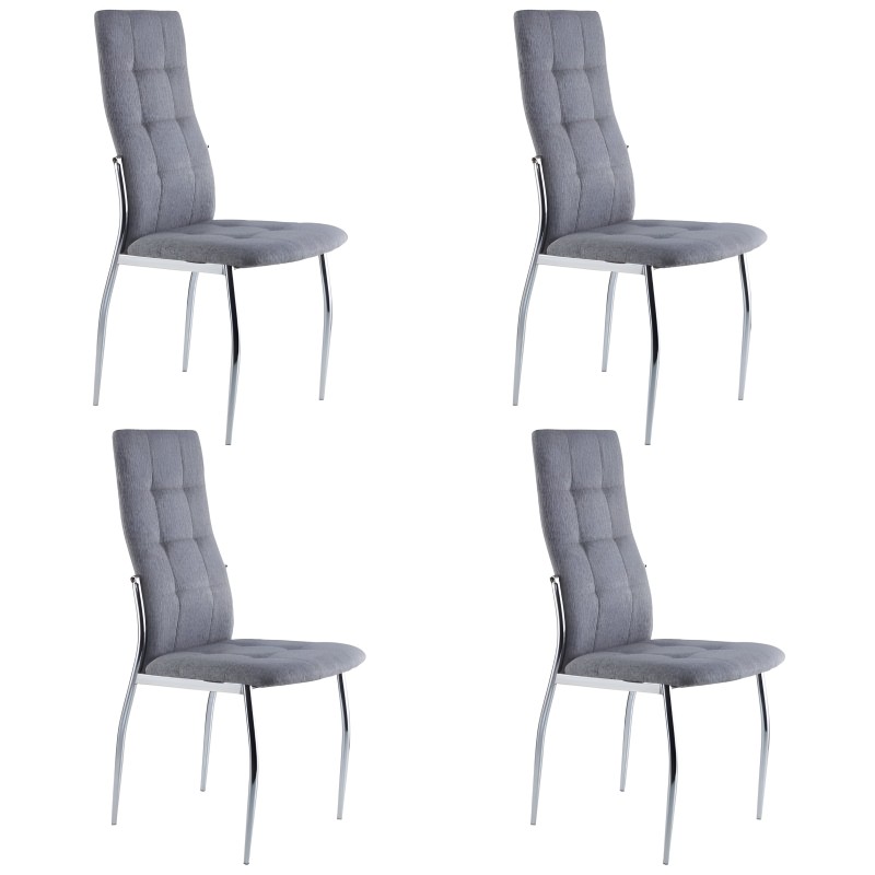 Juego de 4 sillas de comedor tapizadas en gris con respaldo acolchado y patas metálicas cromadas