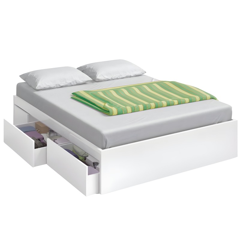 Cama blanca con almacenamiento en cajones y colchón gris con almohadas blancas y manta verde con rayas amarillas