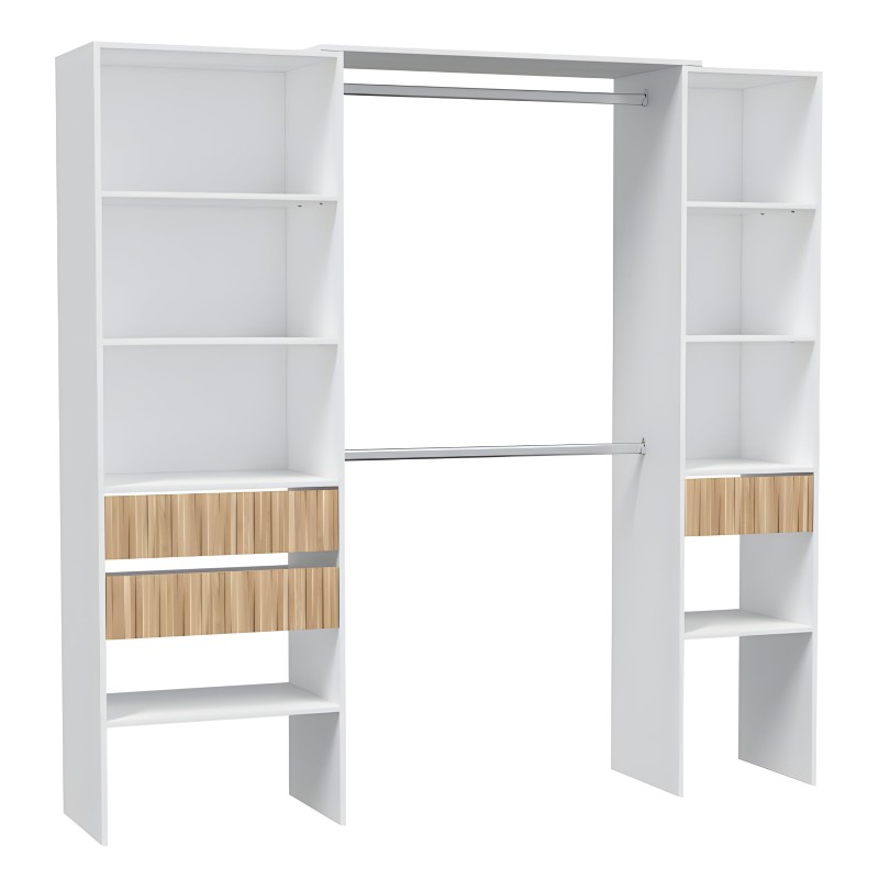 Armario abierto blanco con estantes y cajones en madera natural y barra para colgar ropa