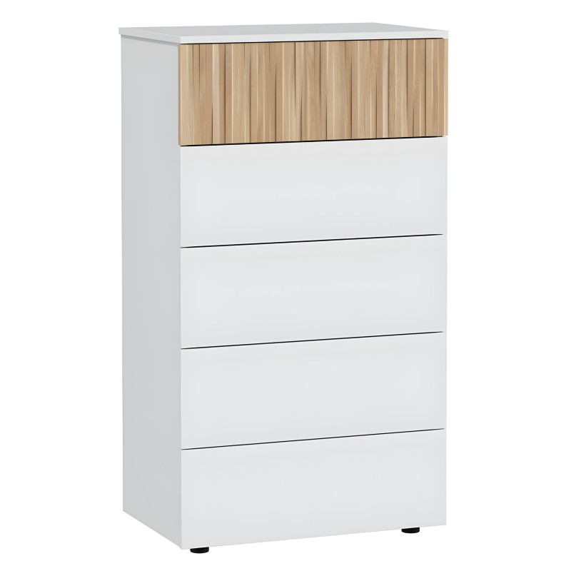 Cajonera blanca y madera con puerta superior de lamas y cuatro cajones inferiores