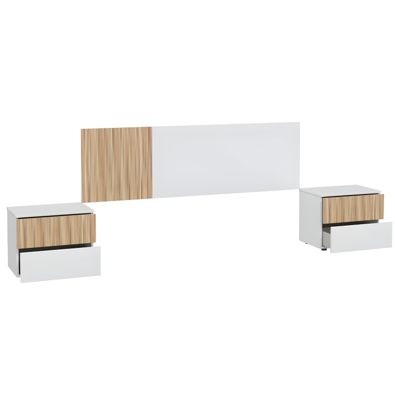 Dormitorio moderno con cabecero tapizado blanco y madera clara y dos mesas de noche blancas con cajones en madera y detalle negr