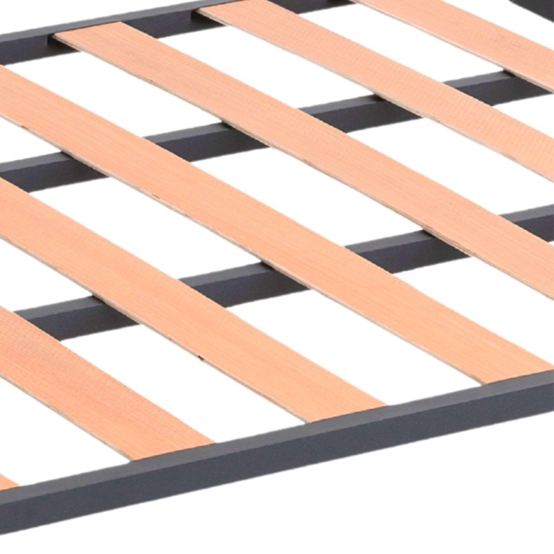Somier de madera con láminas de haya natural y estructura metálica negra vista en detalle