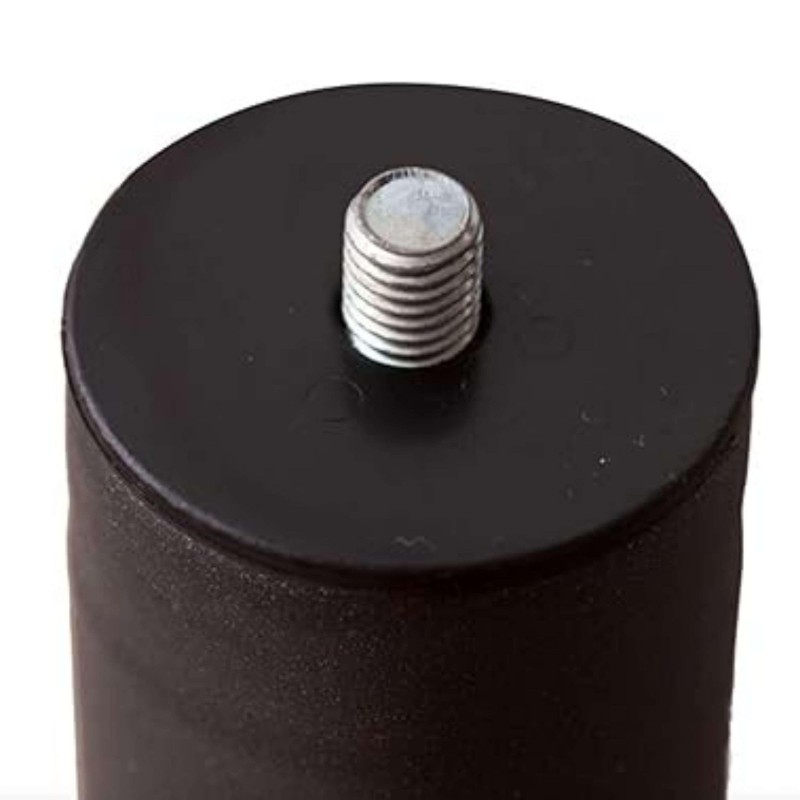 Pata de mueble cilíndrica negra con tapa redonda y tornillo metálico central vista frontal
