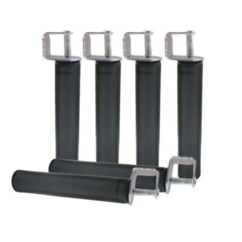 Set de patas ajustables para muebles con cilindros negros y conectores metálicos plateados