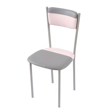 Silla con estructura gris y asiento tapizado en gris y respaldo en rosa claro y gris