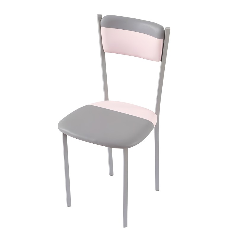 Silla con estructura gris y asiento tapizado en gris y respaldo en rosa claro y gris
