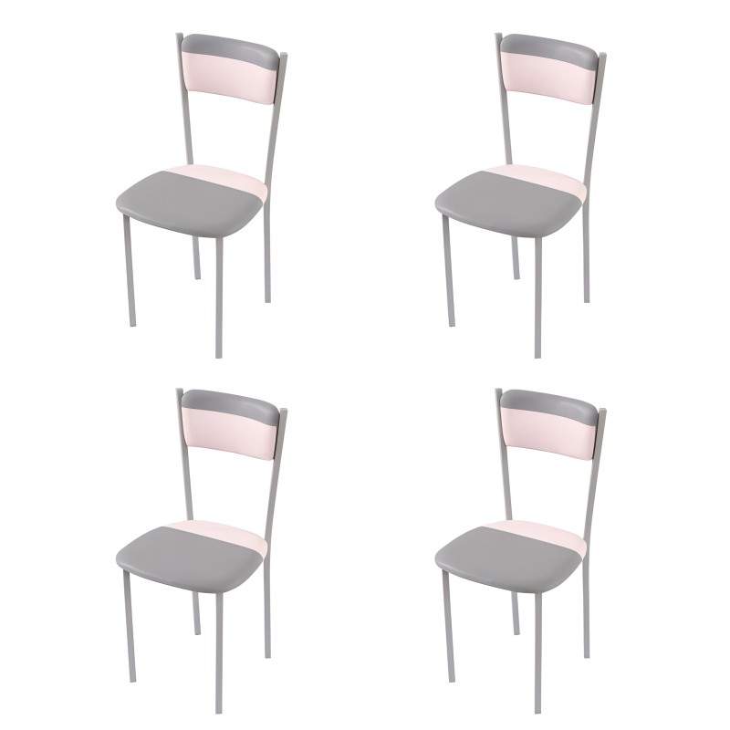 Juego de 4 sillas de comedor con estructura gris y asiento tapizado en gris y rosa