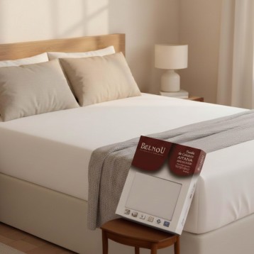 Cama con estructura de madera clara y colchón blanco con cojines beige en ambiente de dormitorio minimalista