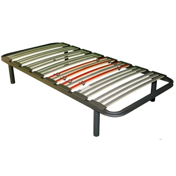 Base cama individual con estructura metálica negra y láminas grises y rojas ajustables en ángulo