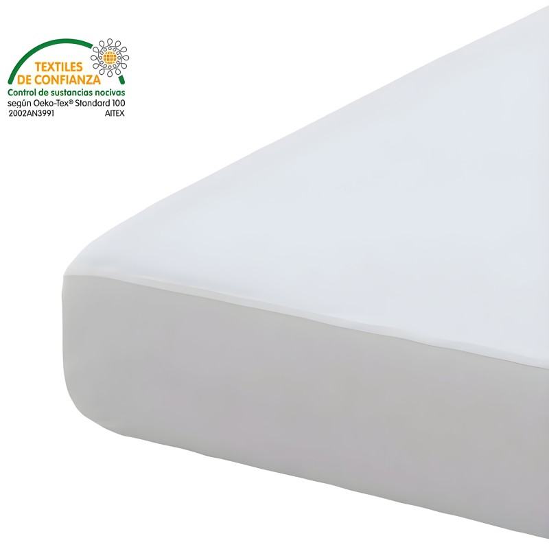 Sábana ajustable blanca de algodón con certificación textil de confianza y bordes redondeados