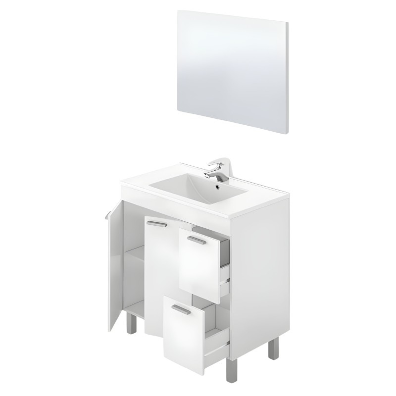 Mueble de baño blanco con lavamanos integrado y espejo rectangular de pared sobre fondo blanco