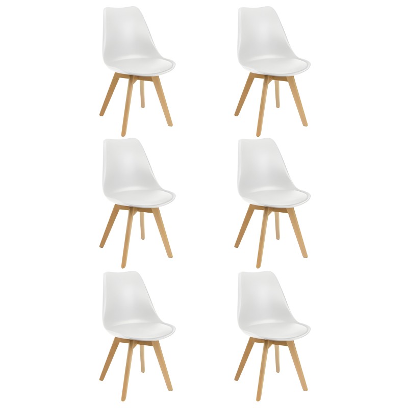 Set de seis sillas blancas con asiento acolchado y patas de madera natural estilo nórdico