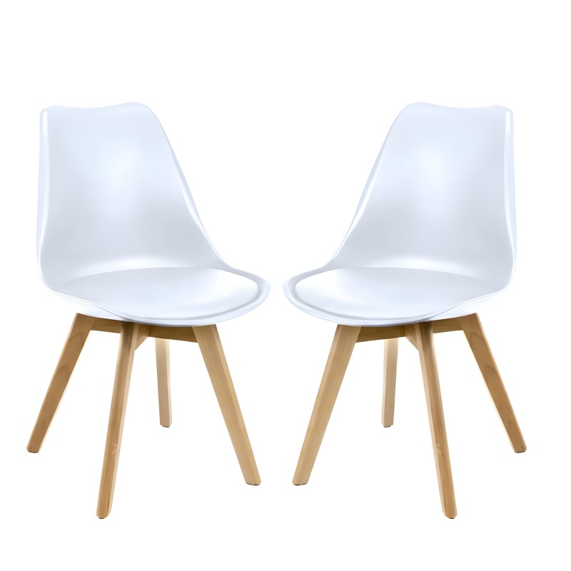 Pareja de sillas modernas con respaldo blanco curvo y asiento acolchado blanco sobre patas de madera natural