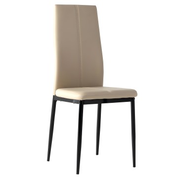 Silla tapizada en beige con respaldo alto y patas metálicas negras