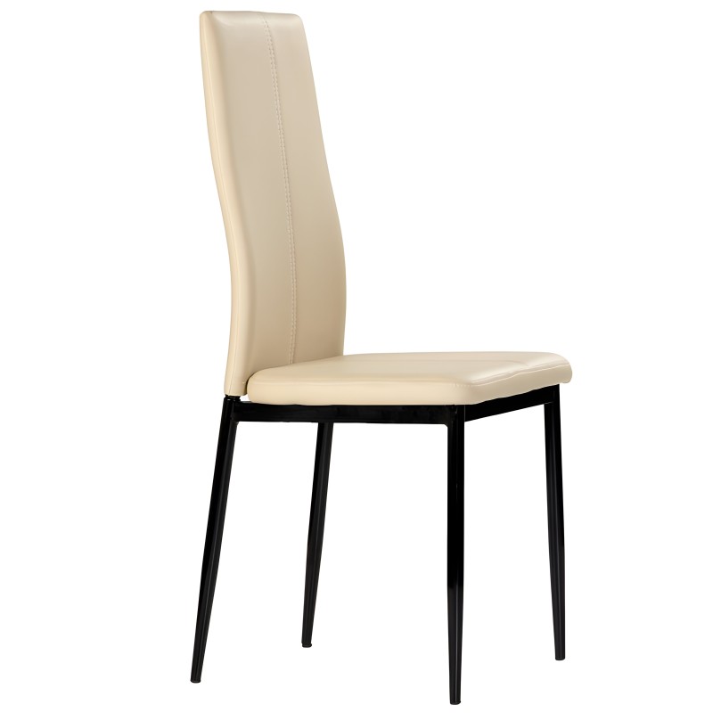 Silla de comedor tapizada en cuero beige con respaldo alto y patas de metal negro