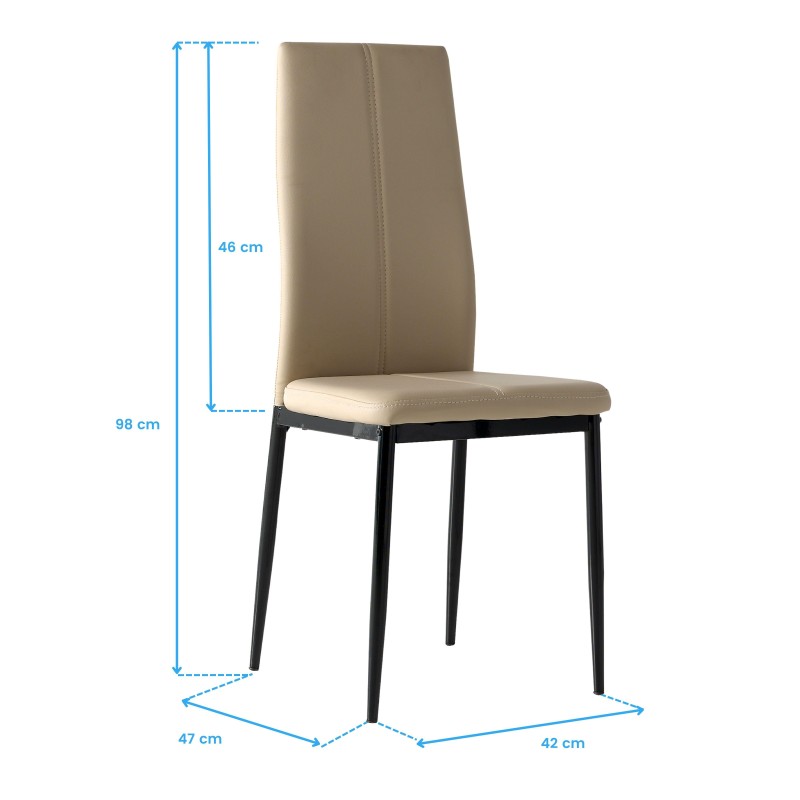 Silla tapizada en tela beige con respaldo alto y patas metálicas negras y medidas indicadas