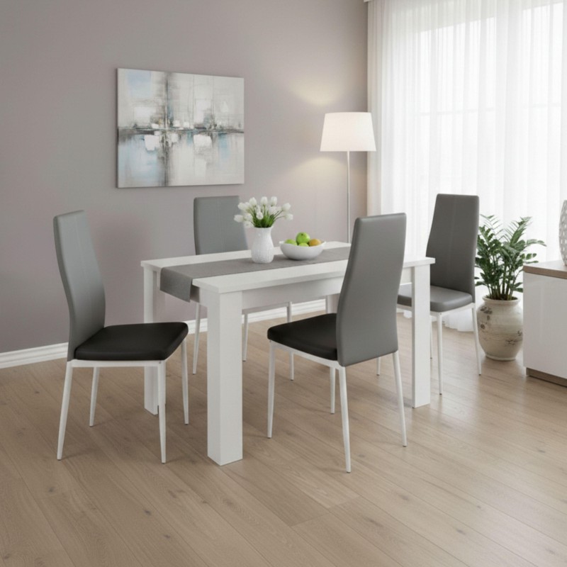 Conjunto de comedor con mesa blanca y cuatro sillas tapizadas en gris y negro en ambiente de salón luminoso