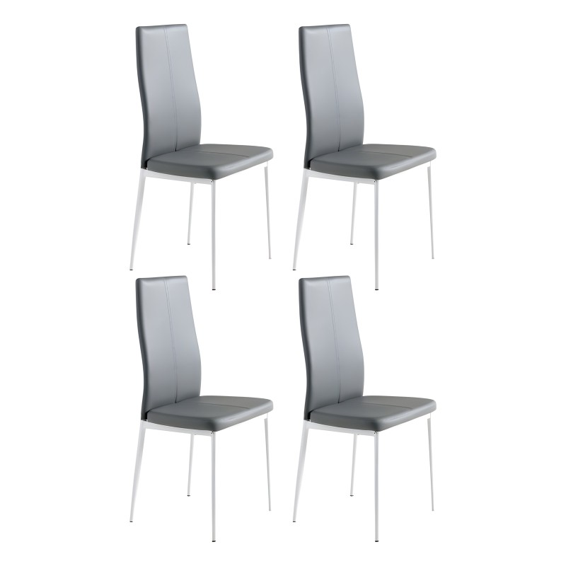 Juego de 4 sillas de comedor con asiento y respaldo acolchados en gris y estructura metálica blanca