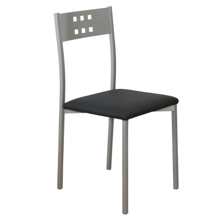 Silla de comedor con estructura metálica gris y respaldo perforado y asiento tapizado en negro