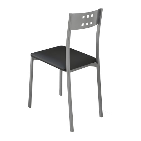 Silla de comedor con estructura gris y respaldo curvo perforado asiento negro tapizado vista frontal