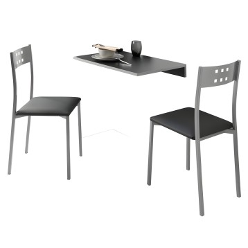 Conjunto de comedor con mesa negra flotante y dos sillas grises con asiento negro y respaldo perforado